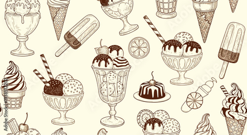 Delicious seamless pattern of vintage style ice cream treats including cones sundaes popsicles and scoops on cream background.