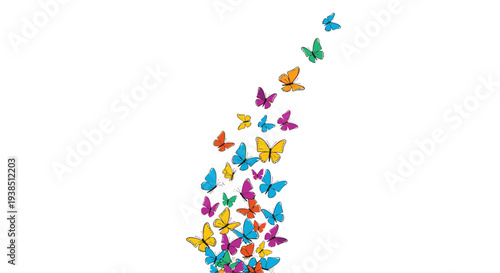 Dynamic stream of multi colored butterflies flying upwards in a graceful vertical curve against a white background.