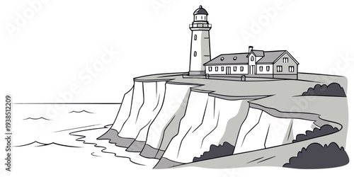 A picturesque lighthouse standing tall on a rugged cliff overlooking the vast ocean Vector