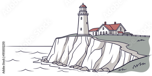 A picturesque lighthouse standing tall on a rugged cliff overlooking the vast ocean. Vector