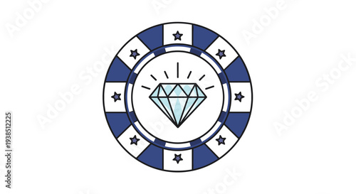 Blue and white casino chip featuring a sparkling diamond icon in the center as a symbol for high stakes gambling or luxury casino gaming.