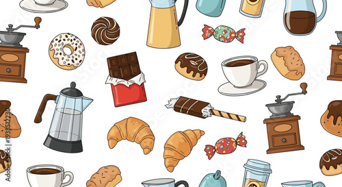 Hand drawn seamless pattern of coffee pots coffee grinders donuts croissants chocolate bars and cups of hot espresso over white background.