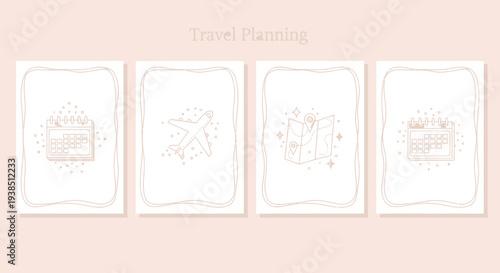 Travel Planning Icons: Airplane, Map, Calendar, Vacation Ideas