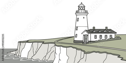A picturesque lighthouse standing tall on a rugged cliff overlooking the vast ocean. Vector