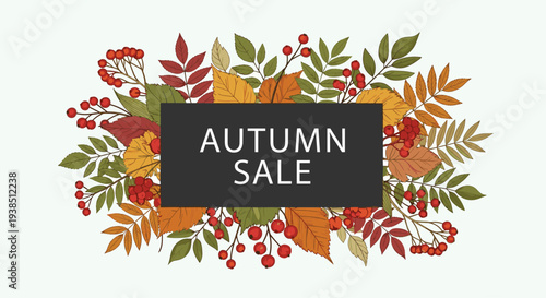 Autumn sale promotional banner decorated with a dense frame of colorful fall leaves and clusters of red rowan berries.