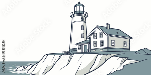 A picturesque lighthouse standing tall on a rocky cliff overlooking the vast ocean. Vector