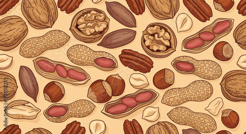 Detailed hand drawn seamless pattern of diverse nuts including walnuts peanuts pecans hazelnuts and almonds on a light beige background.