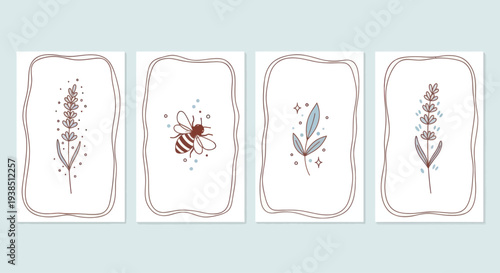 Cute Hand-Drawn Illustrations: Bee, Lavender, Botanical Elements in Frames