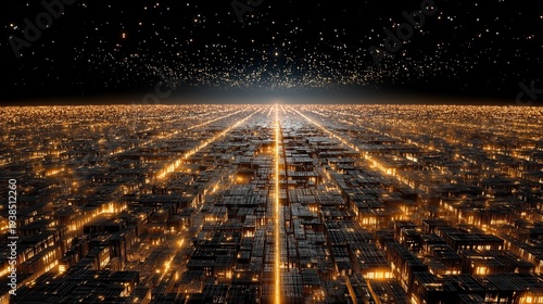 A glowing cityscape viewed from above at night, with a starry sky stretching beyond the horizon.
