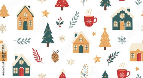 Whimsical winter village seamless pattern featuring cozy houses pine trees snowflakes stars and mugs of hot cocoa on white background.
