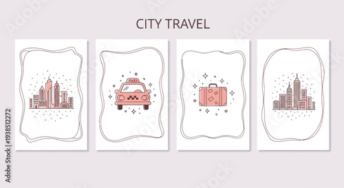 City Travel Icons: Skyline, Taxi, Suitcase - Hand Drawn Vector Art