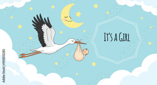 Charming baby girl birth announcement illustration showing a stork flying through the night sky with a baby bundle under the crescent moon.