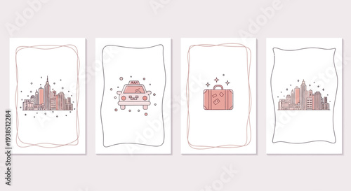 Set of minimalist city skyline, taxi, and luggage illustrations on white background