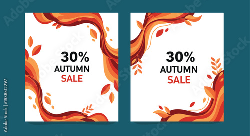 Pair of autumn sale promotion posters with abstract orange and red flowing shapes and falling leaves for a thirty percent discount offer.