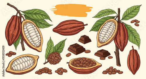 Detailed botanical illustration of cocoa pods hanging on branches cocoa beans and pieces of dark chocolate on a beige background.