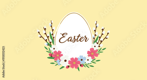 Beautiful easter greeting card with a large white egg shape framed by colorful spring flowers and willow branches on a yellow background.