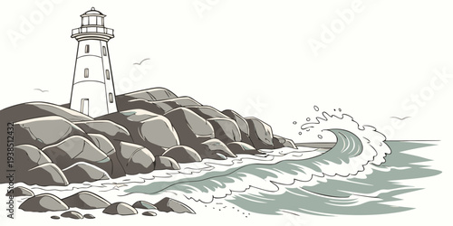 A lone lighthouse stands tall against the crashing waves of a stormy sea. Vector