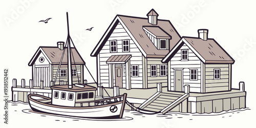 A picturesque village scene with a river and traditional houses Vector