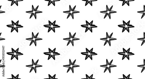 Simple black and white seamless pattern featuring small hand drawn six-pointed stars arranged in a regular grid on a white background.