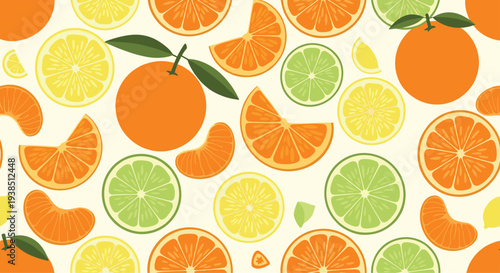 Refreshing seamless pattern of whole oranges, lemons, and limes with juicy slices and segments on a pale cream background for summer.