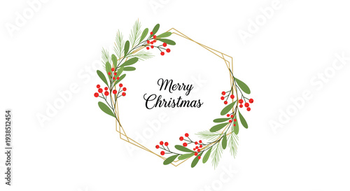 Elegant merry christmas greeting wreath with mistletoe leaves, red berries, and pine needles in a golden geometric frame.
