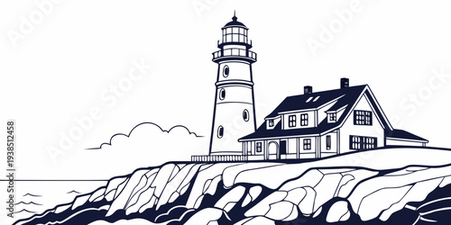 A serene lighthouse standing tall on a rocky cliff overlooking the vast ocean Vector
