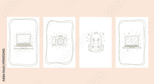 Digital Nomad Lifestyle: Laptop, Camera, Backpack Icons on Pastel Background