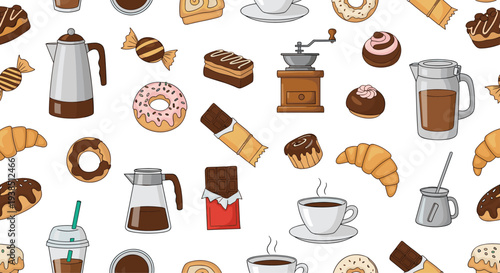 Delightful coffee and sweets seamless pattern with donuts, croissants, chocolate bars, and coffee pots for a charming cafe theme.