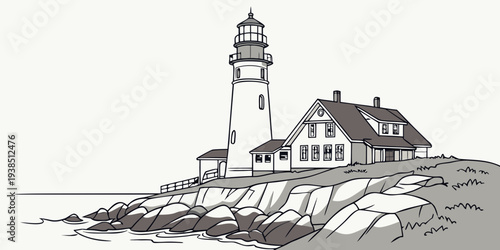 A lighthouse standing tall on a rocky shore with a house nearby. Vector