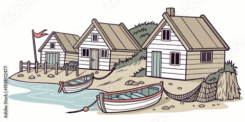 A picturesque illustration of a charming village nestled in a lush green valley. Vector