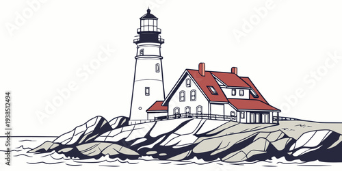 A picturesque lighthouse standing tall on rocky shores with a cozy house nearby Vector