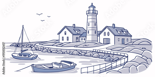 A picturesque village nestled by a serene lake with a majestic church in the background. Vector