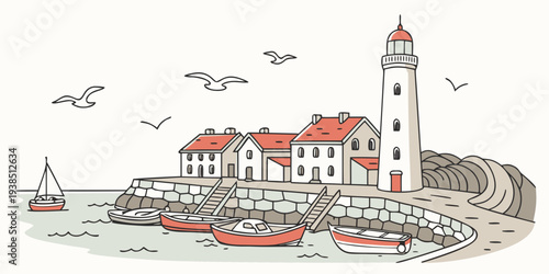 A picturesque coastal town with a lighthouse and sailing ships in the harbor. Vector