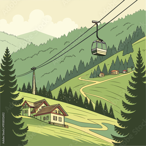 A scenic view of a ski lift ascending a mountain with a group of people skiing below Vector