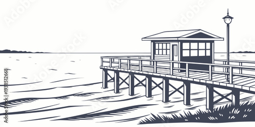 A serene view of a pier extending into a calm, reflective body of water Vector