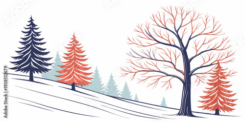 Winter scene with snow-covered trees and a serene landscape. Vector