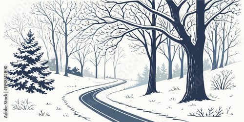 A serene winter scene with snow-covered trees and a winding path Vector