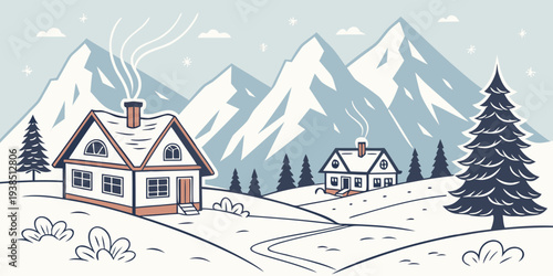A picturesque winter village nestled in a snowy mountain landscape Vector