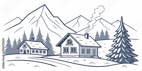 A serene winter landscape with snow-covered cabins nestled among tall pine trees Vector