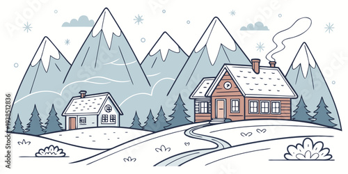 A serene winter landscape with a cozy cabin nestled among snow-covered mountains Vector