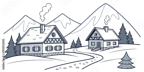 A serene winter scene with a cozy cabin nestled among snow-covered mountains Vector