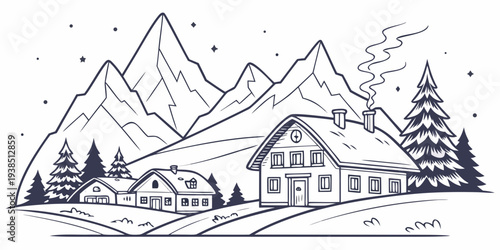 A picturesque winter landscape with snow-covered mountains and a cozy village below Vector