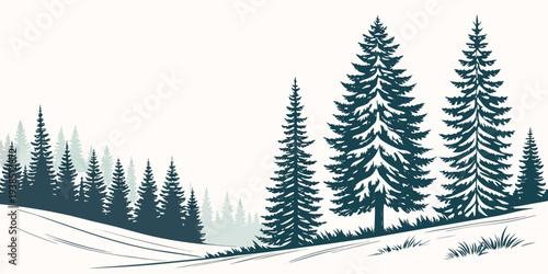 A serene winter landscape with snow-covered trees and a calm horizon Vector