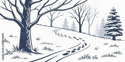 A serene winter scene with a large tree standing tall in a snow-covered landscape Vector