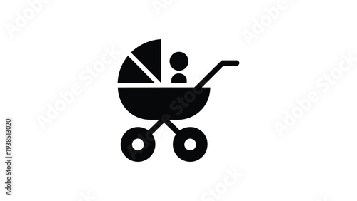 Baby stroller icon representing infant transportation, childcare equipment, newborn carriage symbol, parenting concept and family care