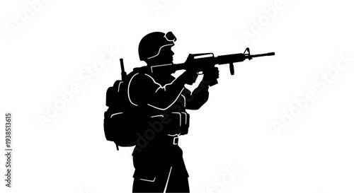 Armed soldier standing with rifle, tactical gear, strong silhouette style illustration, minimal flat design, war concept, isolated on transparent background, PNG
