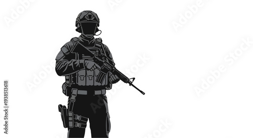 Armed soldier standing with rifle, tactical gear, strong silhouette style illustration, minimal flat design, war concept, isolated on transparent background, PNG