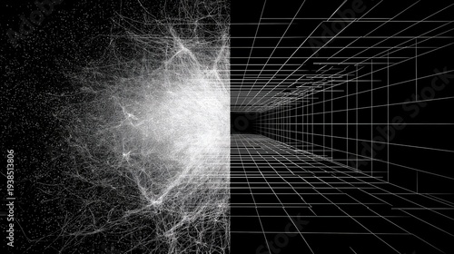 A digital black and white abstract image showing a transition from chaotic particle clusters to structured grid lines forming a tunnel or corridor.