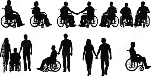 Collection of wheelchair users and caregivers silhouettes, disabled people mobility support, accessibility and inclusive society concept, rehabilitation, assistance, disability a