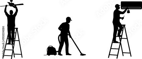 Household maintenance workers repairing ceiling fan, vacuuming floor, fixing air conditioner unit, professional handyman service silhouettes, home repair, cleaning, HVAC installation tasks